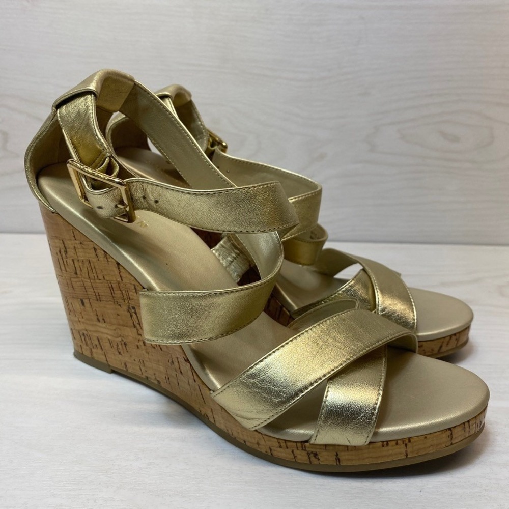 Cole Haan Womens 8B Wedge Sandals Strappy Gold Leather Cork Heel W01478 Platform